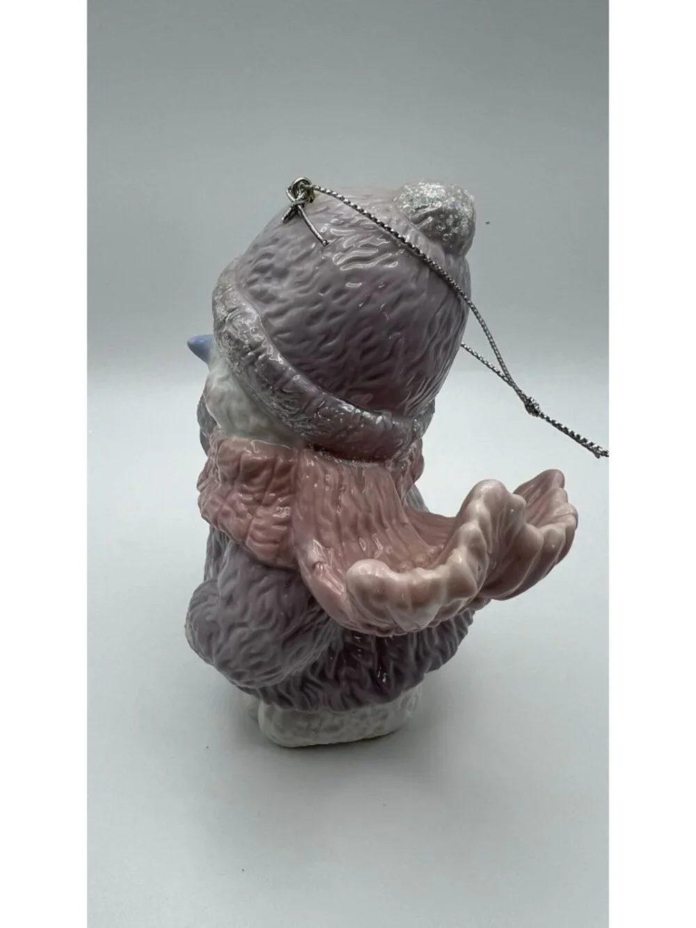 Ceramic Snowman Ornament With Glitter Hat & Scarf Lavender & Pink Accents Hangin